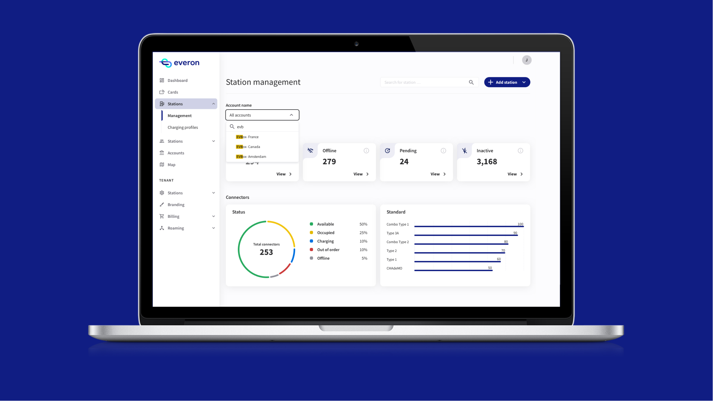 Station management — account search and status snapshot