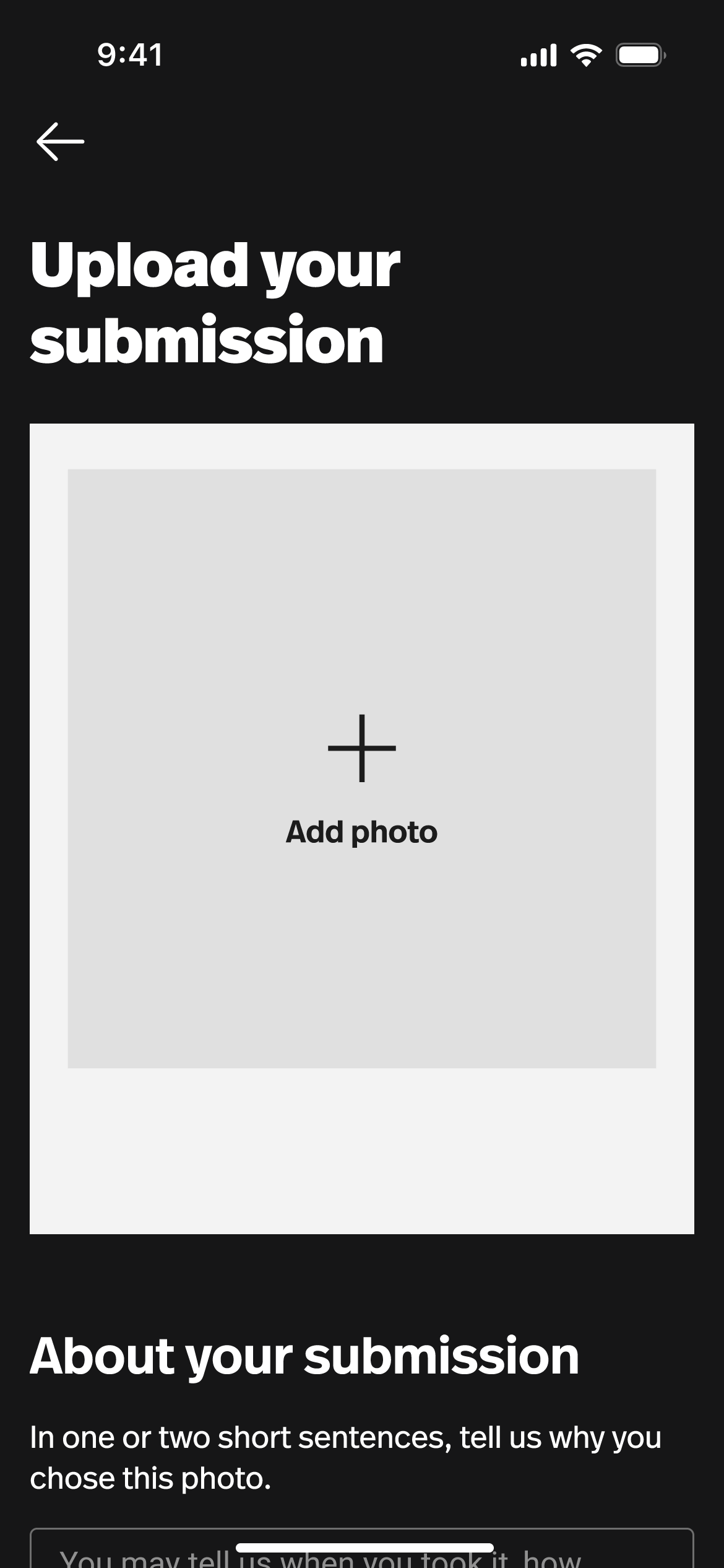 Upload your submission — add photo