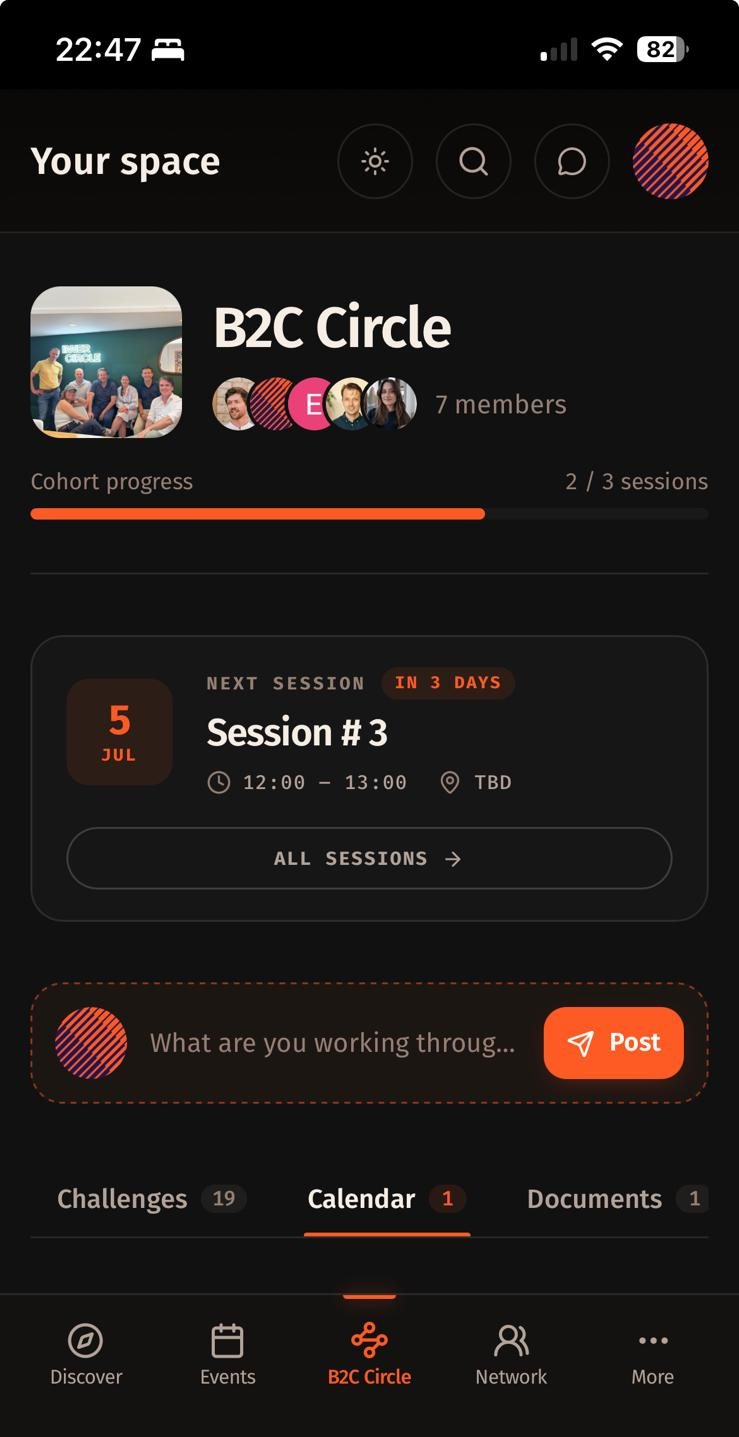B2C Circle home — members, cohort progress, next session