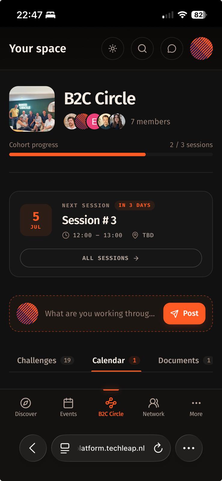 B2C Circle home — members, cohort progress, next session