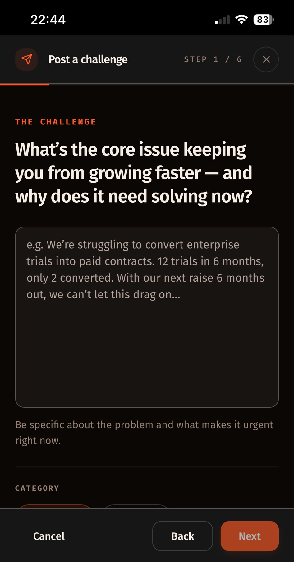 Post a challenge — step 1, the core issue