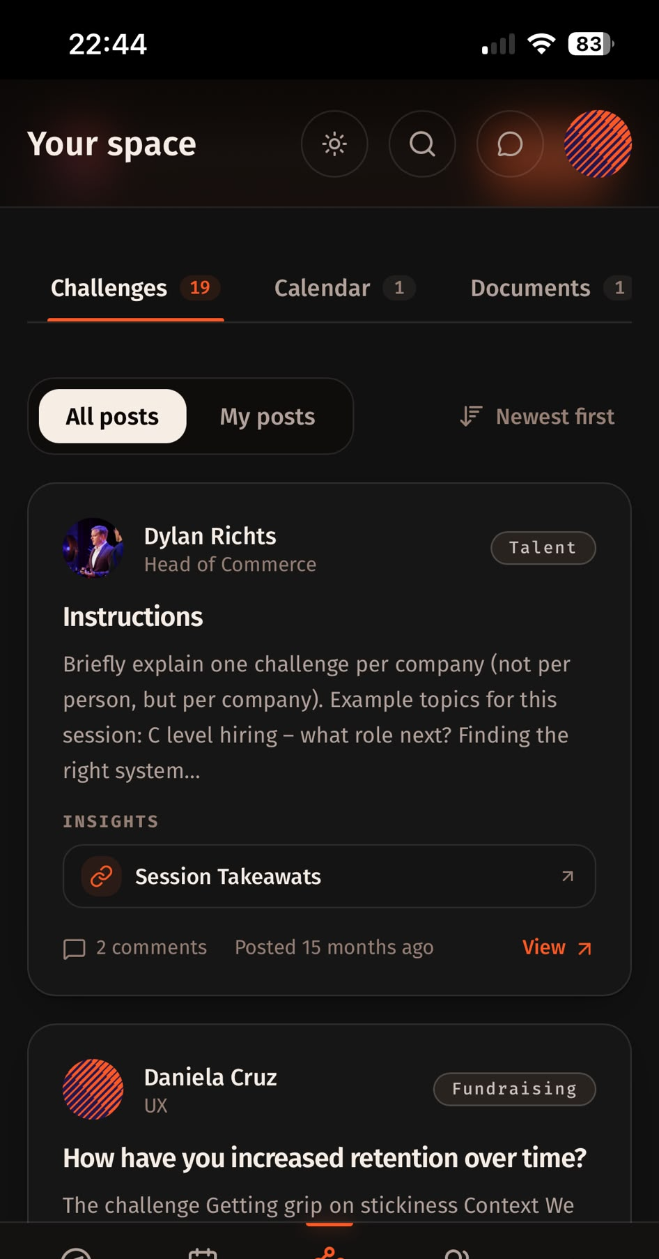 Your space — challenges feed, calendar and documents