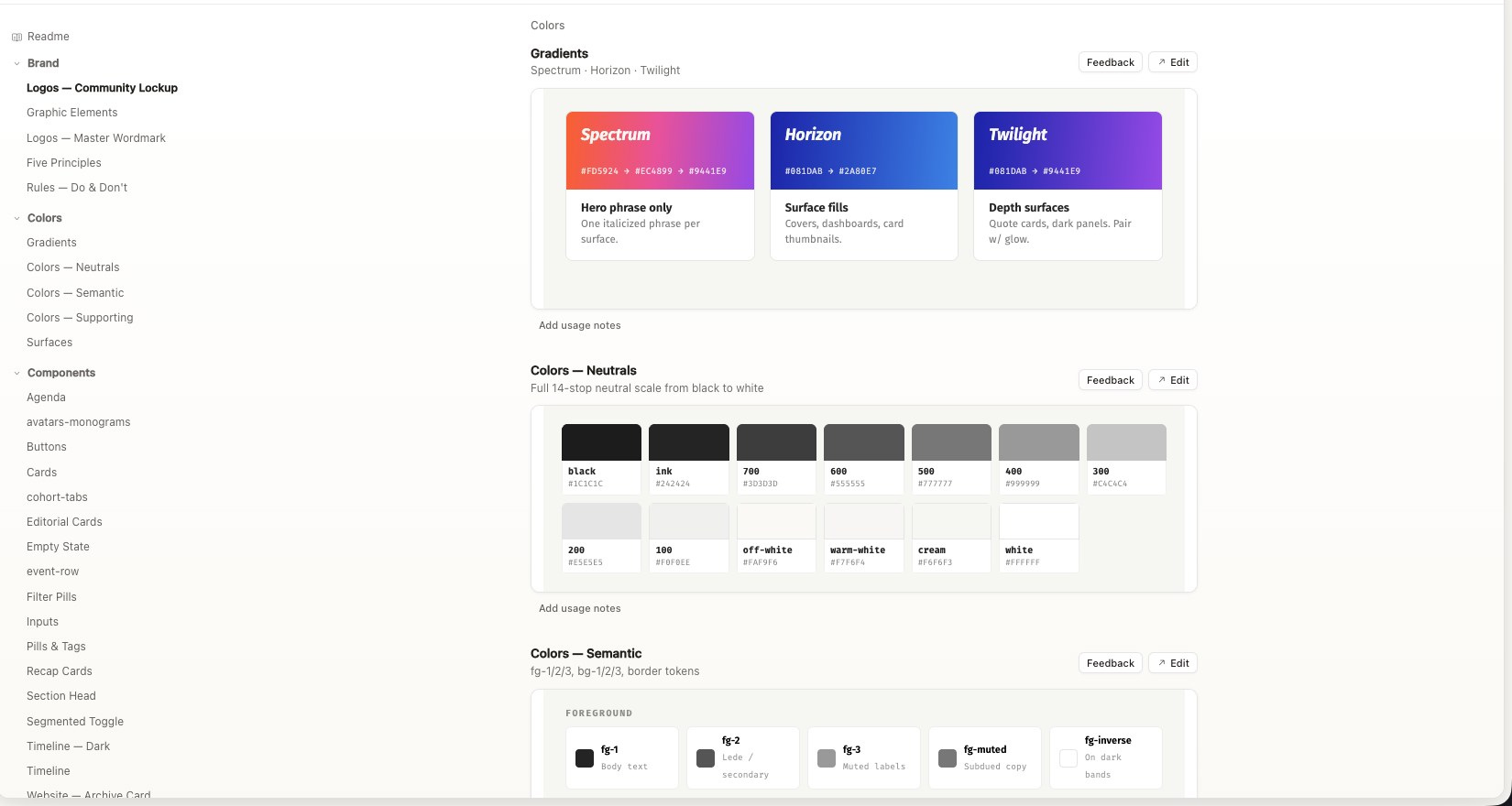 The Techleap design system documented — gradients, neutral scale, semantic color tokens and components